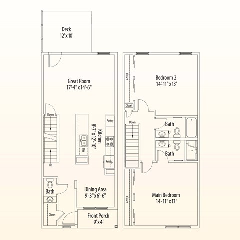 Floor plan for 2 beds, 2.5 baths, 1226 sqft
